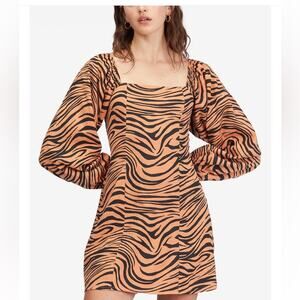 NWT Billabong Dress Animal Print Mini Long Sleeves Smocked Womens M $60
